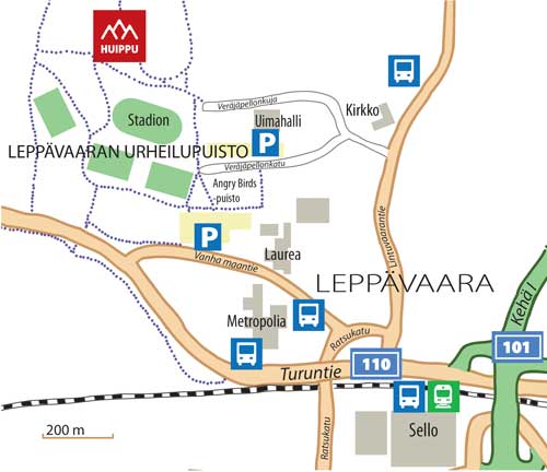 Seikkailupuisto Huippu kartalla: Huippu sijaitsee Leppävaaran urheilupuistossa stadionin takana. Sisäänkäynti on aivan moukarinheittopaikan vieressä.