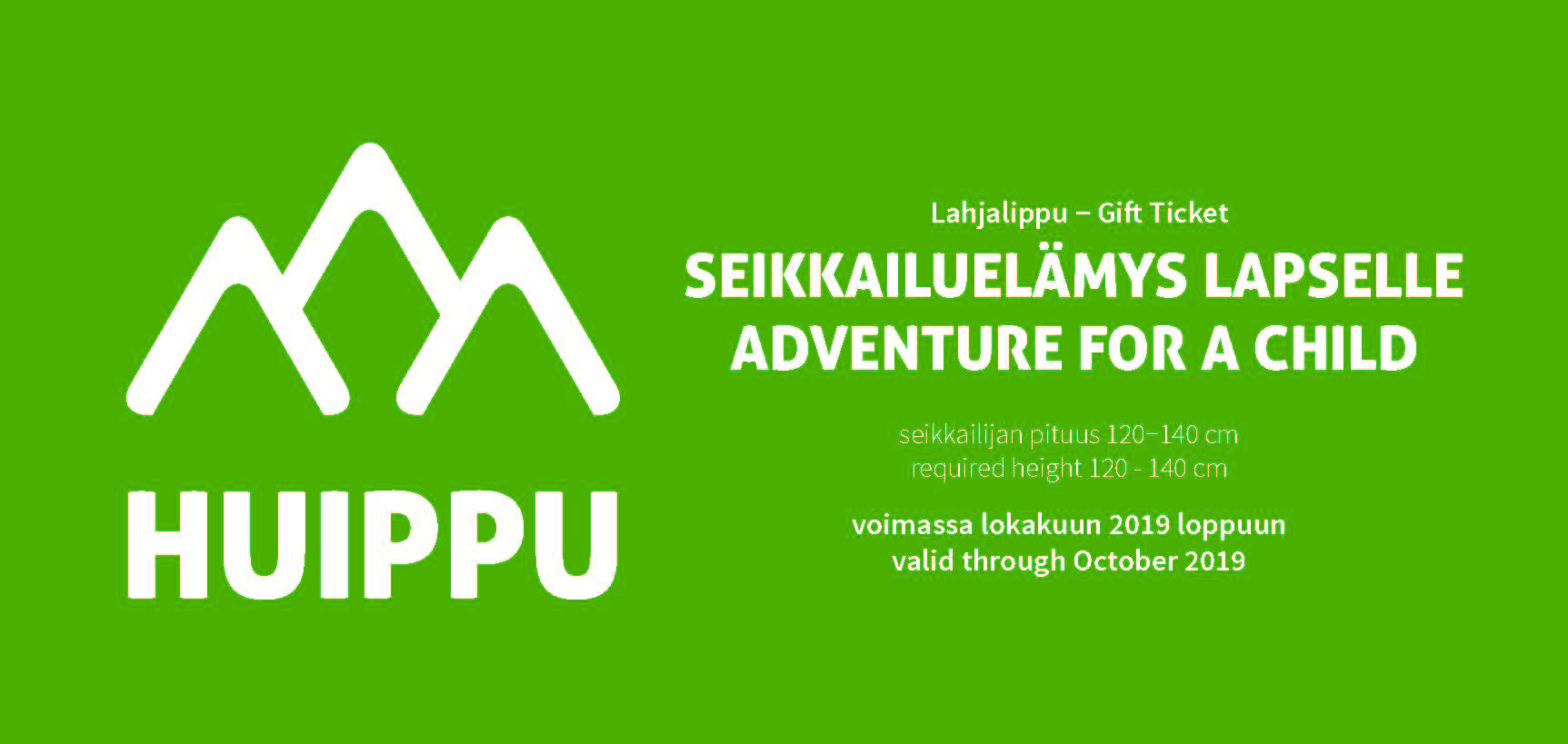 Treetop Adventure Huippu Children’s Gift card for those between 120-140 cm tall  is bright green.