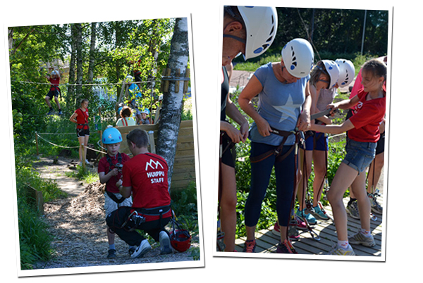 Ennen seikkailua jokainen saa kiipeilyvaljaat ja kypärän sekä opastuksen harjoitusradalla.